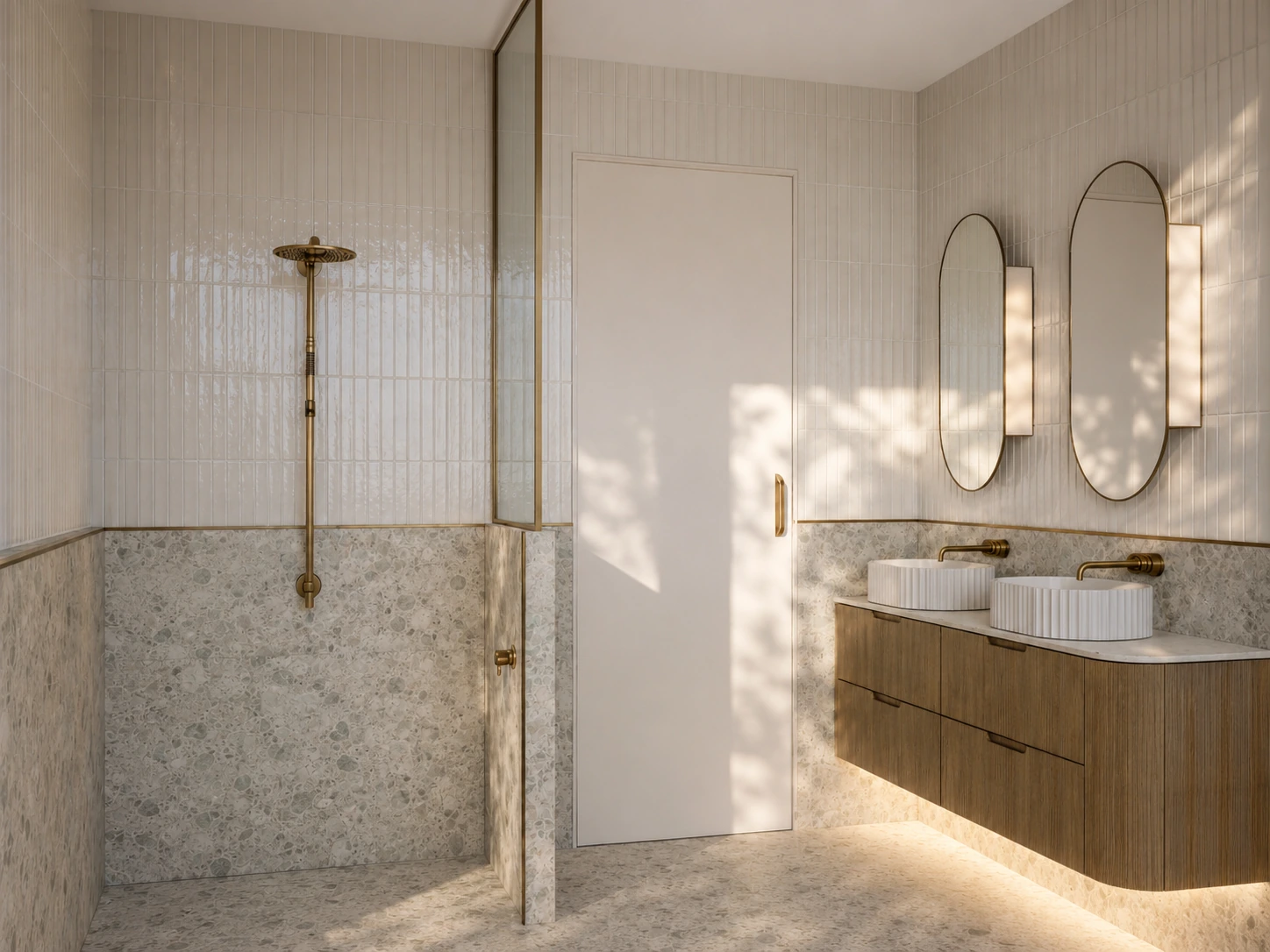 Partridge Springs bathroom with curved timber double vanity, fluted basins and brass wall-mounted tapware