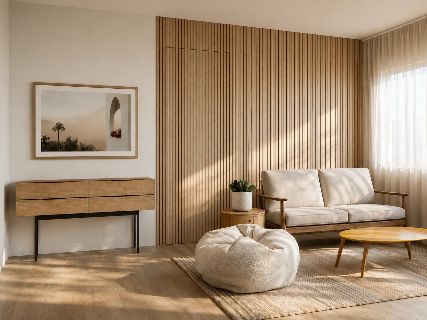 Palm Springs-inspired master bedroom with warm timber, soft green accents and natural textures