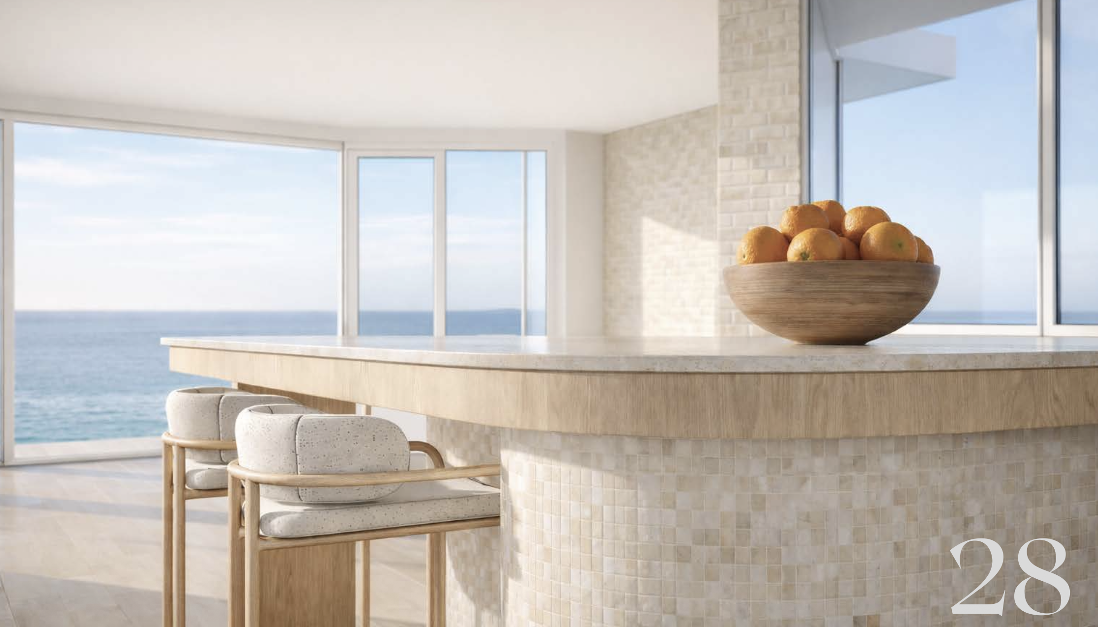 3D render of Cliff Road kitchen island with Taj Mahal benchtop and curved mosaic base, boucle and brass bar stools, floor to ceiling windows with ocean view, Ki Interiors Frankston South