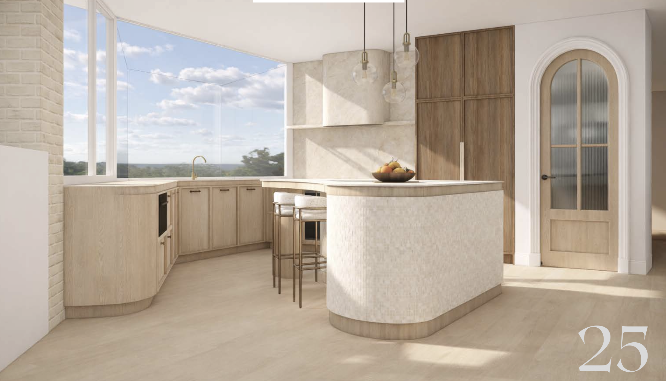 Full width 3D render of Cliff Road kitchen showing complete layout with curved island, oak cabinetry, concealed stone rangehood, arched glass pantry door and garden outlook, Ki Interiors