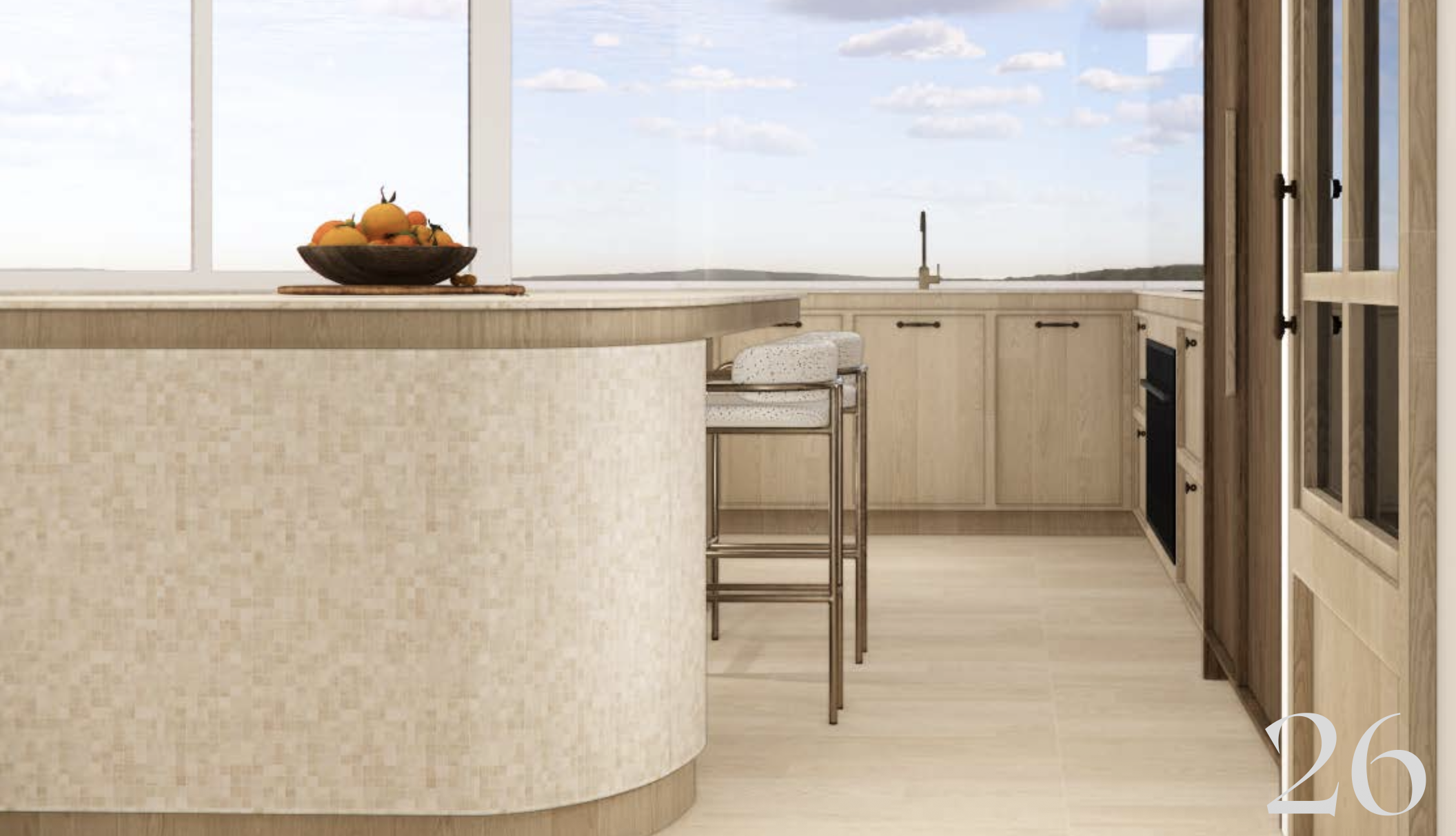 Detail render of Cliff Road curved mosaic kitchen island end with Taj Mahal benchtop, boucle bar stools with brass frames, sea view and arched pantry door beyond, Ki Interiors